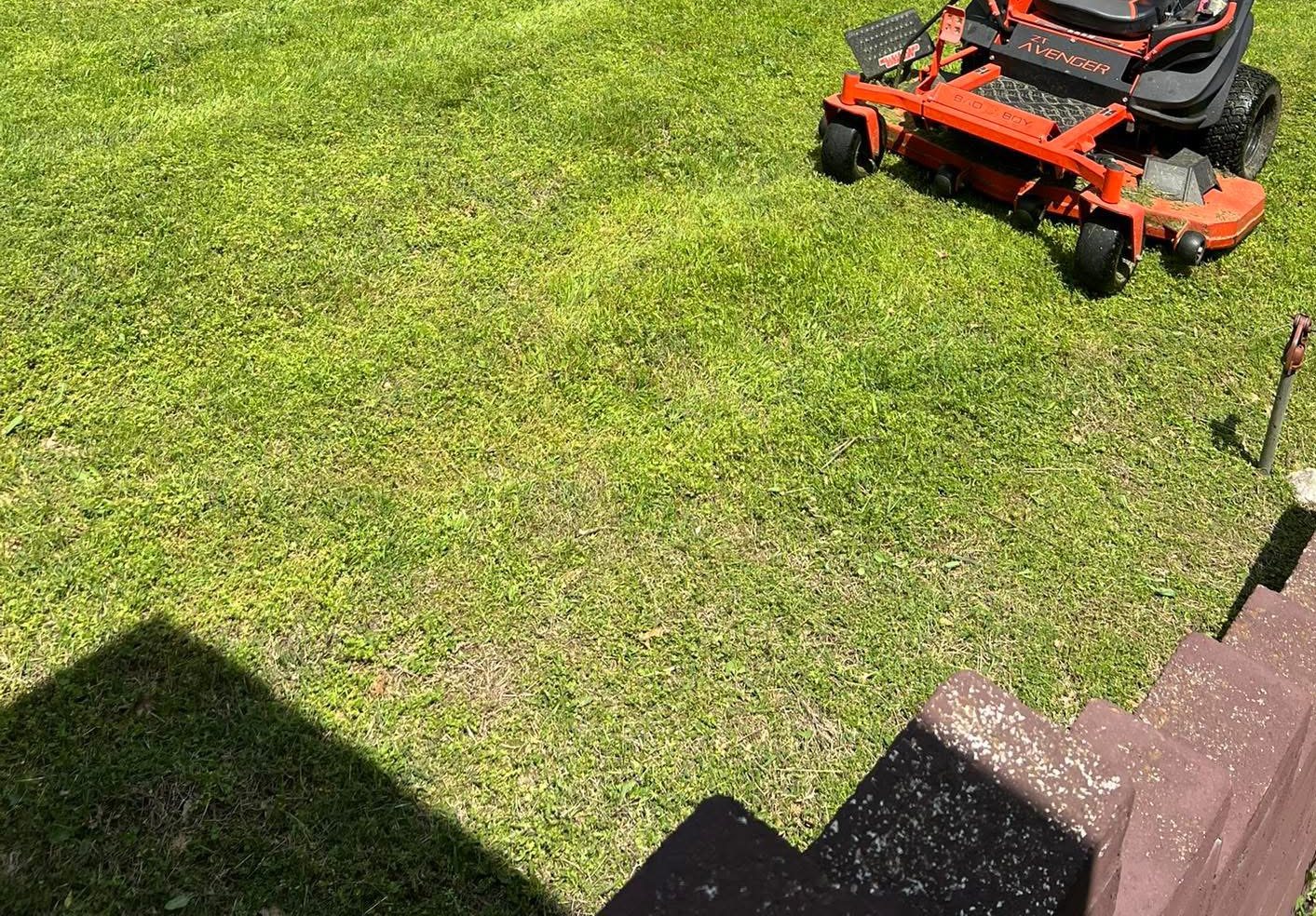 Orange zero-turn mower parked on a freshly cut lawn