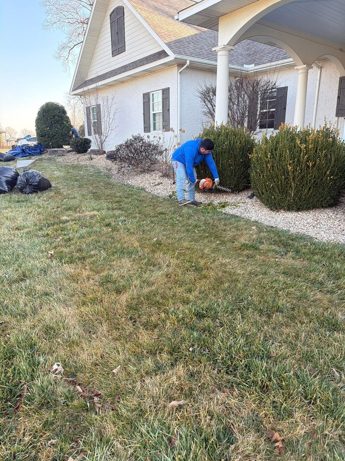 Crew member trimming a hedge beside a gravel path with a power trimmer